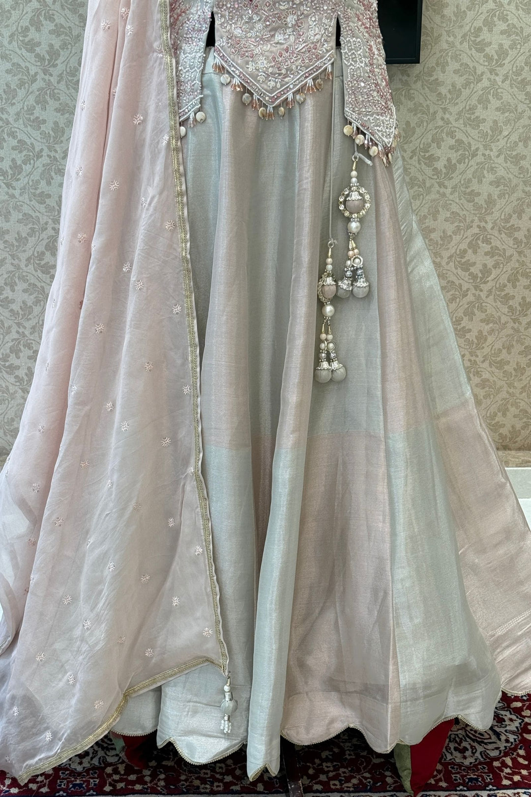 Grey with Peach Beads, Mirror, Stone, Sequins and Thread work Peplum Style Lehenga