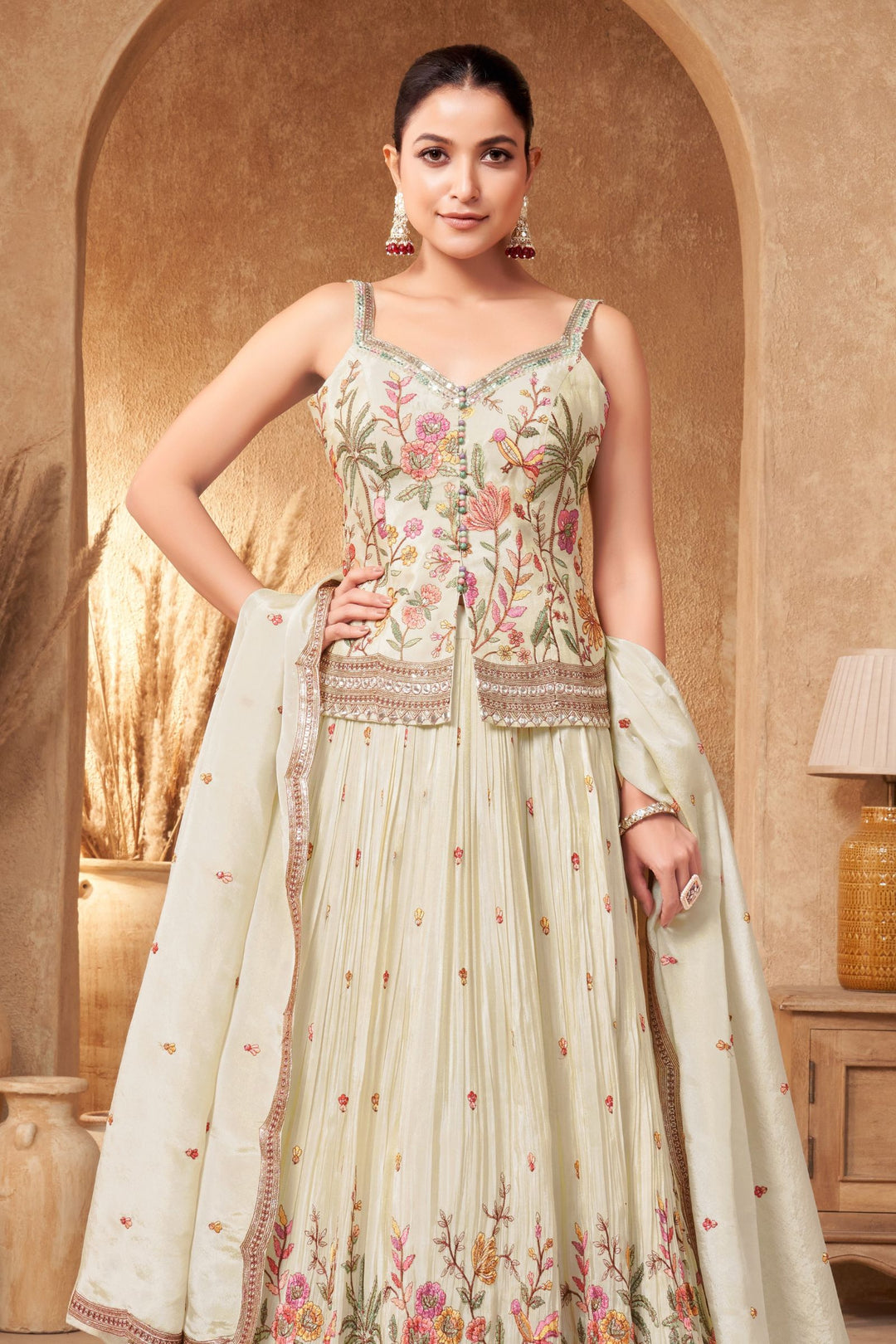 Cream Multicolor Embroidery, Sequins, Zari and Zardozi work Peplum Style Lehenga