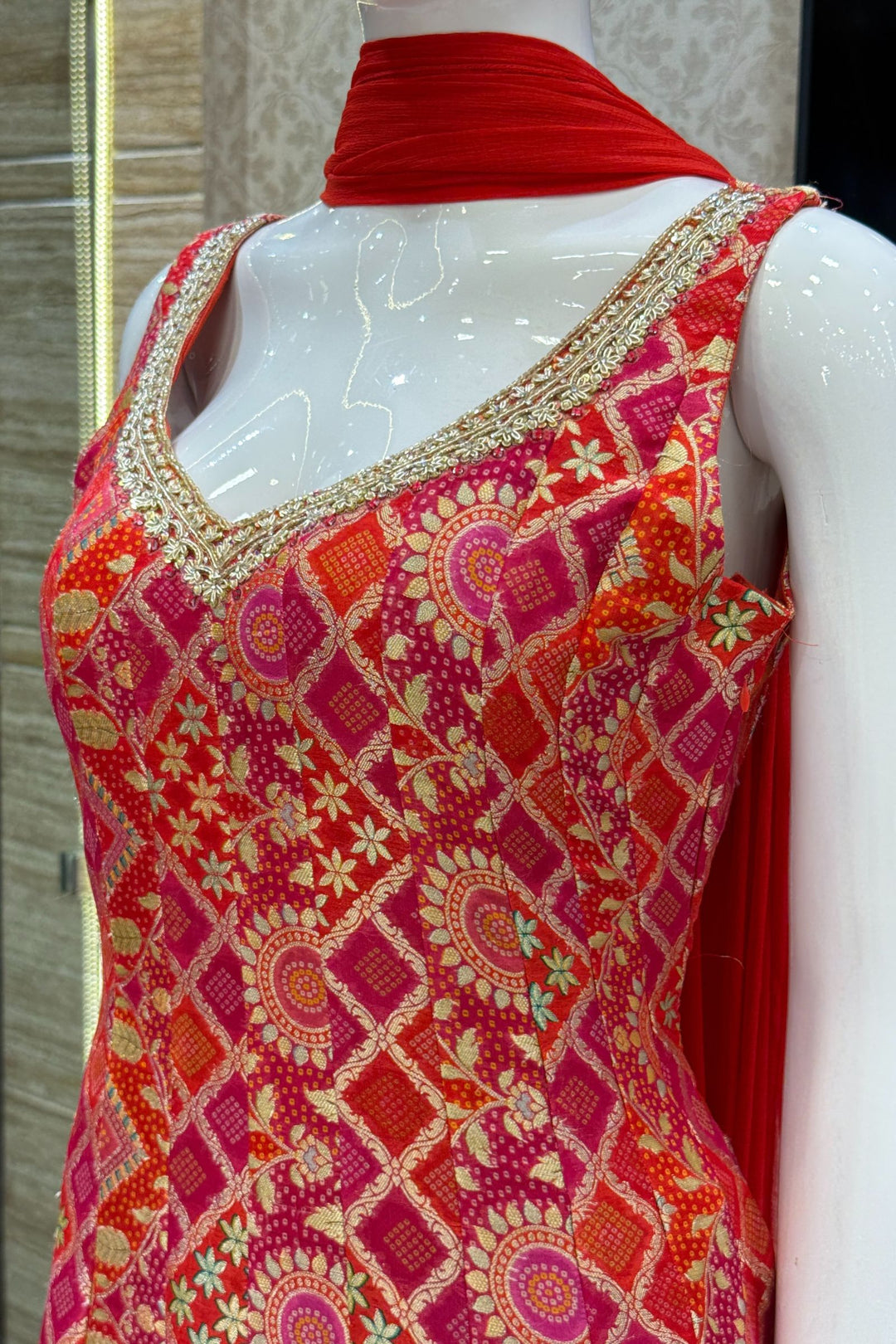 Orange with Rani Pink Banaras work with Bandini Print Anarkali Style Salwar Suit with Palazzo Pant