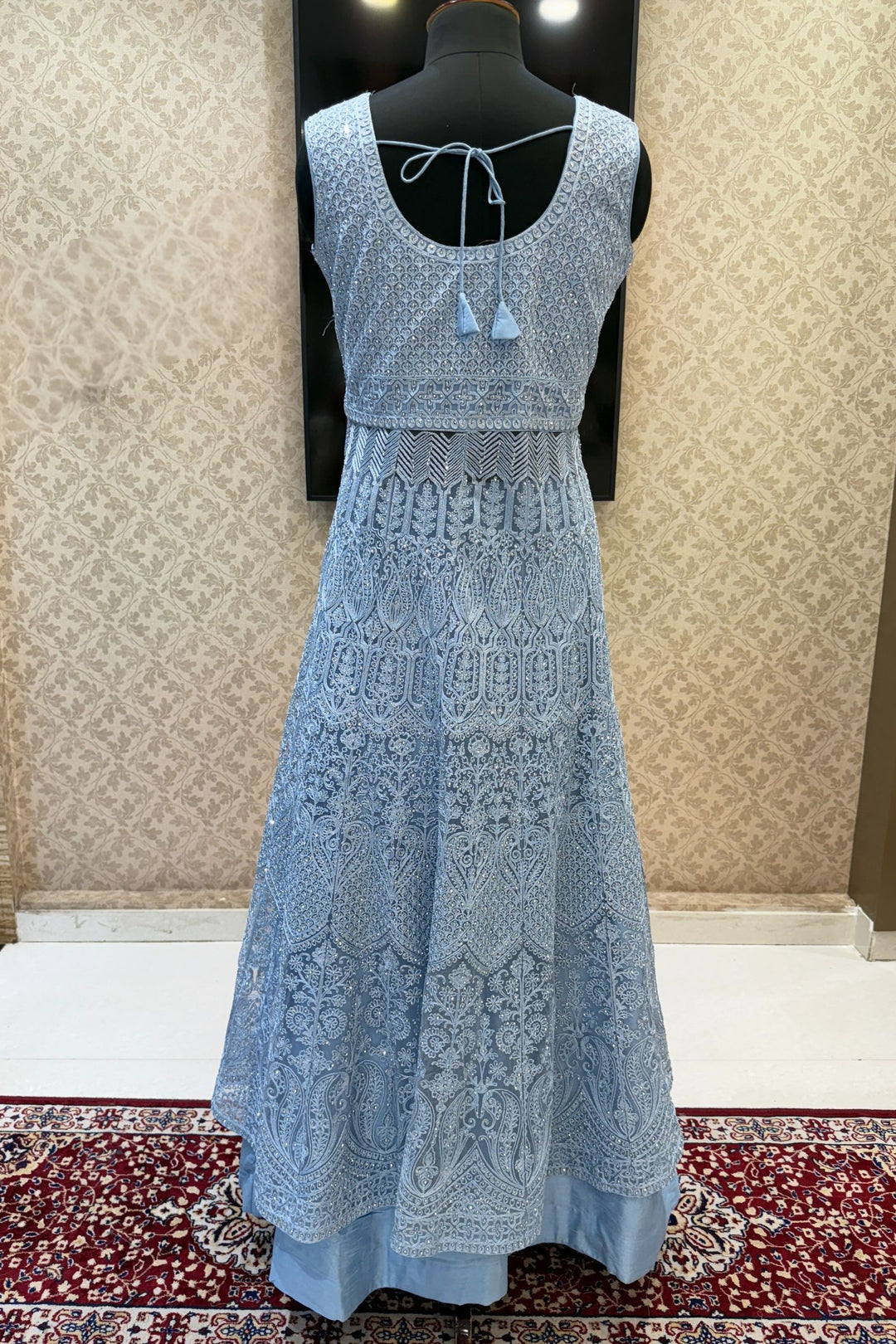 Sea Blue Zari Thread and Stone work Mastani Styled Long Top Lehenga