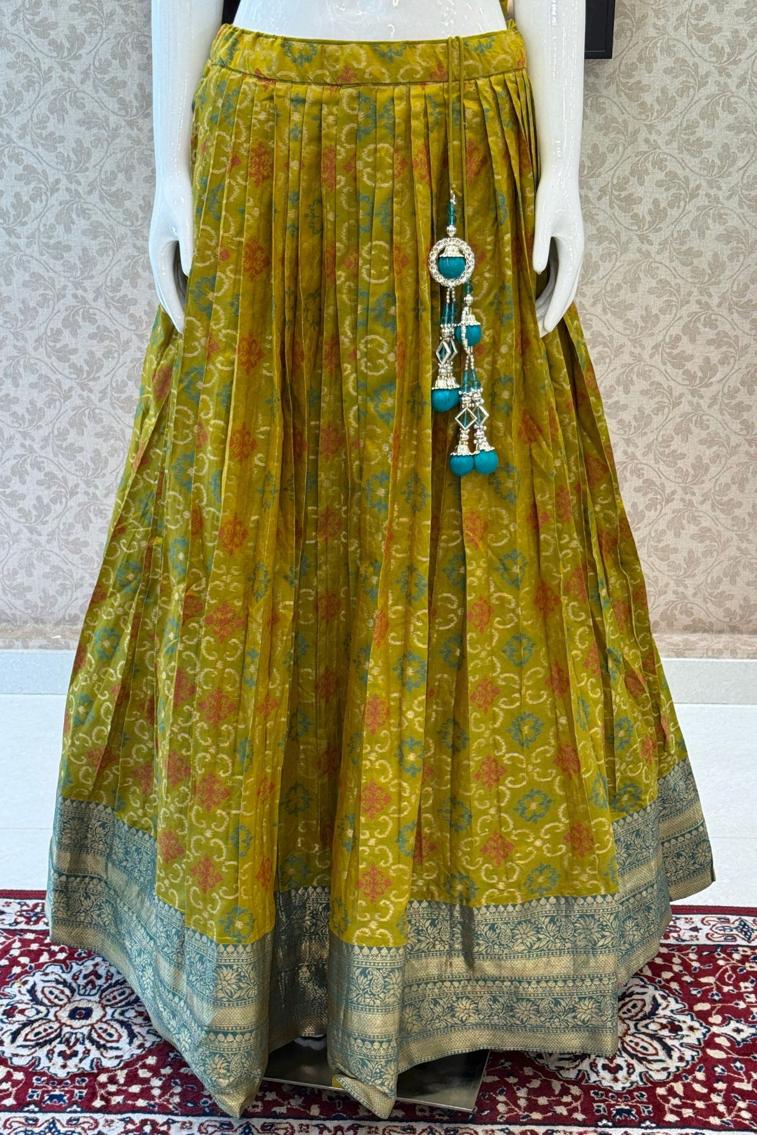 Rama Blue with Olive Green Mirror, Stone, Beads and Banaras work Lehenga