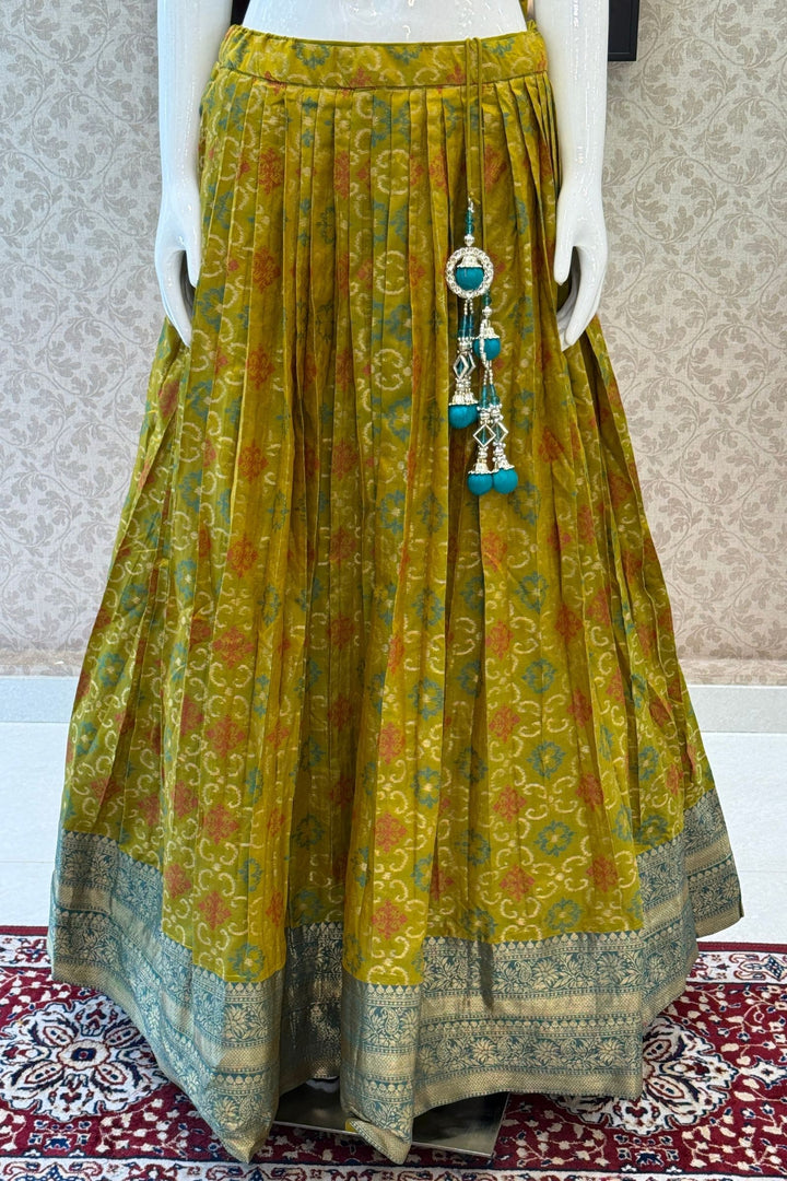 Rama Blue with Olive Green Mirror, Stone, Beads and Banaras work Lehenga