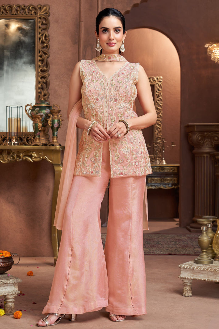 Pink Palazzo Salwar Suit with Embroidery, Beads and Sequins Detailing