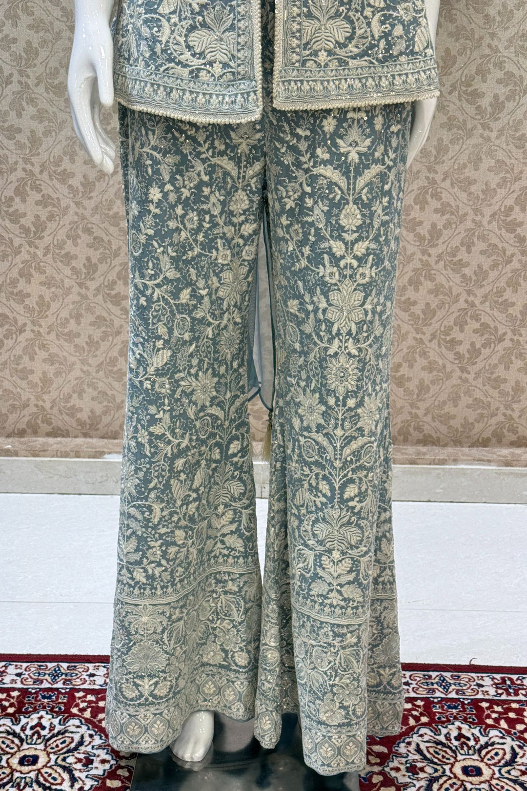 Firozi Blue Chikankari, Sequins and Zari work Palazzo Suit Set