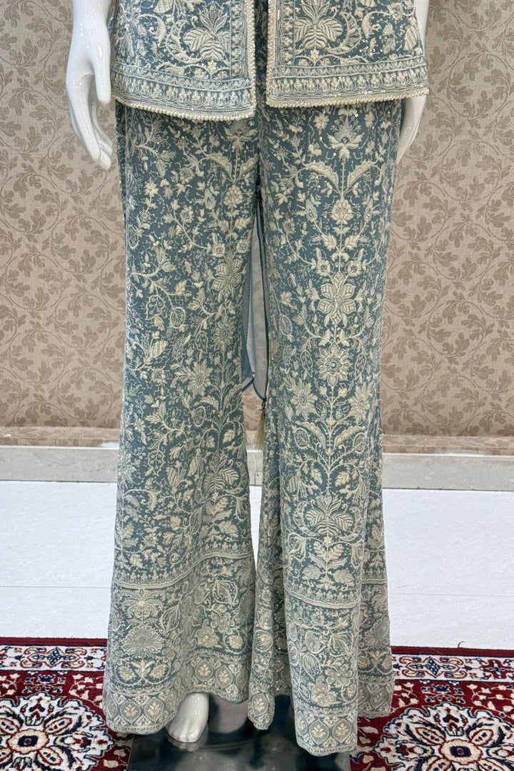 Firozi Blue Chikankari, Sequins and Zari work Palazzo Suit Set