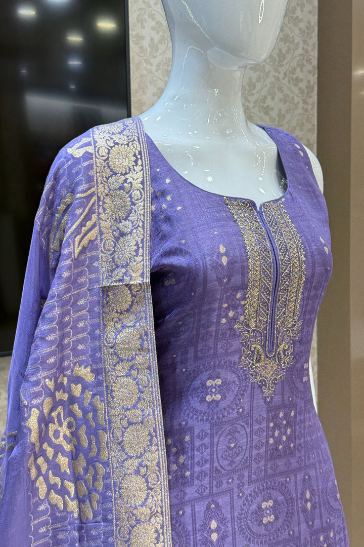 Lavender Beads, Sequins, Zardozi, Stone, Banaras and Jacquard work Straight Cut Salwar Suit