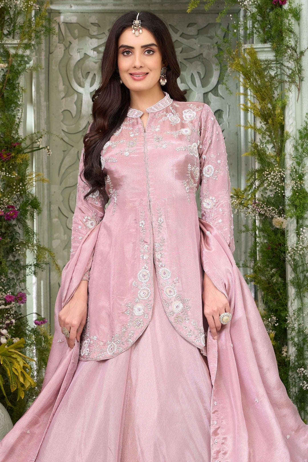 Lilac Beads, Sequins and Zardozi work Indo-Western Style Top with Lehenga