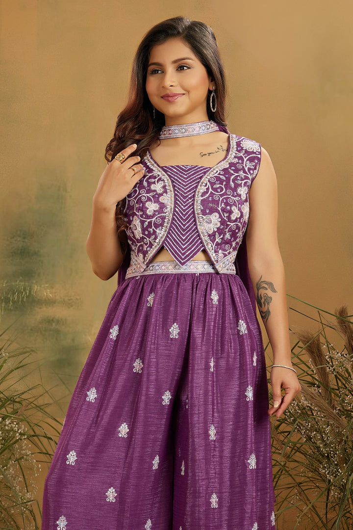 Purple Beads, Stone, Sequins and Multicolor Thread work Choli and Palazzo Set for Girls