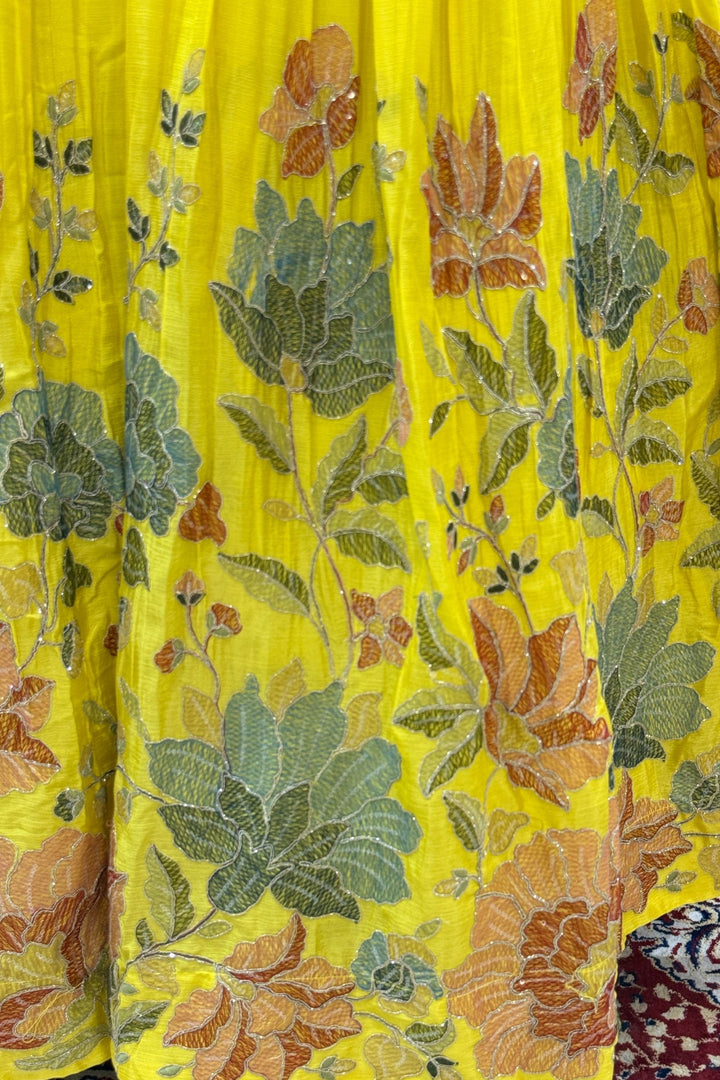 Yellow Multicolor Thread, Beads, Zari Thread and Sequins work Crop Top Lehenga