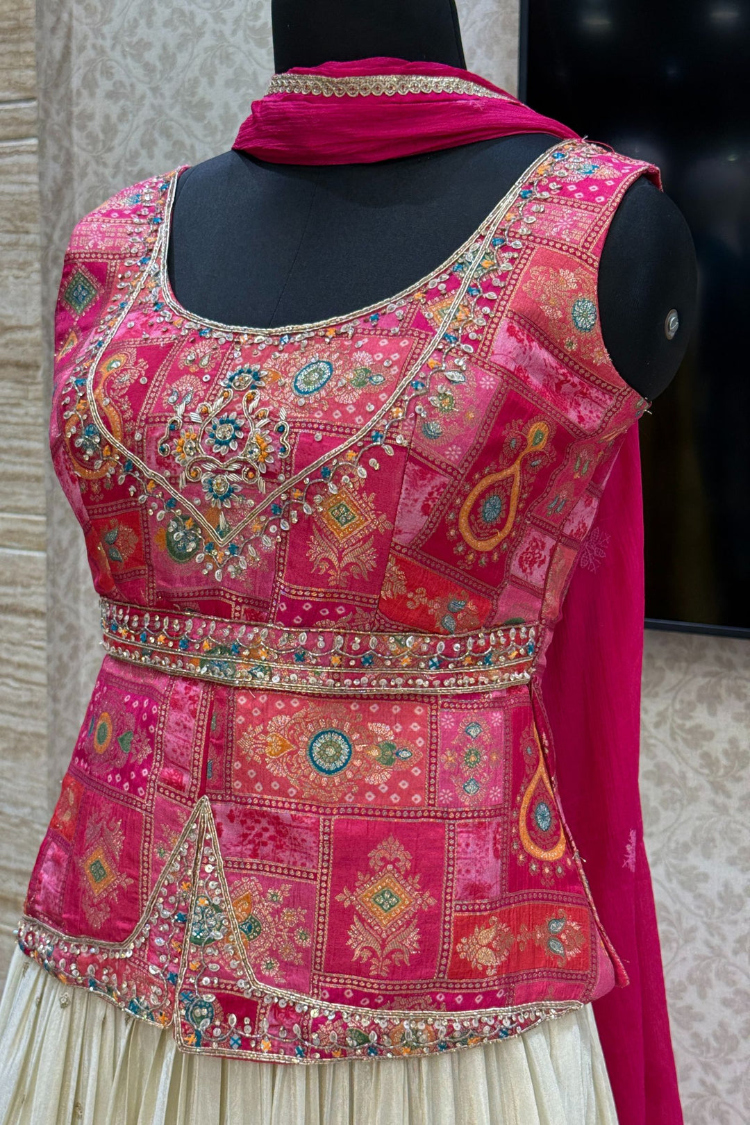 Rani Pink with Cream Banaras, Beads, Sequins, Zari and Stone work Peplum Style Lehenga