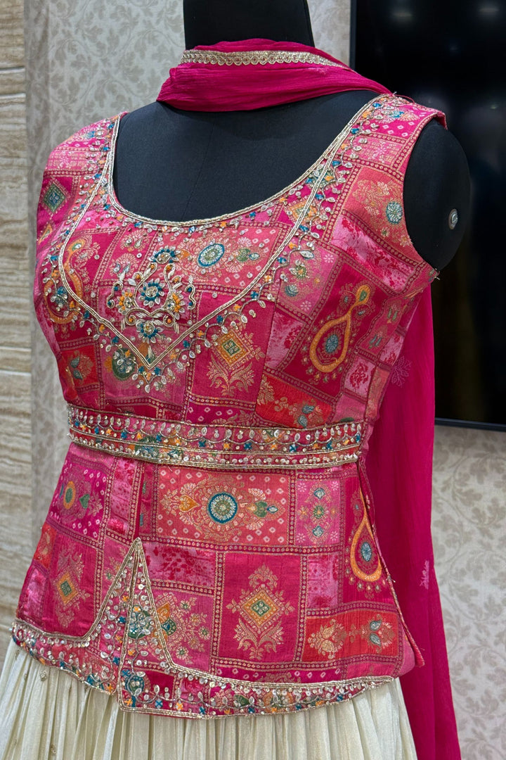 Rani Pink with Cream Banaras, Beads, Sequins, Zari and Stone work Peplum Style Lehenga
