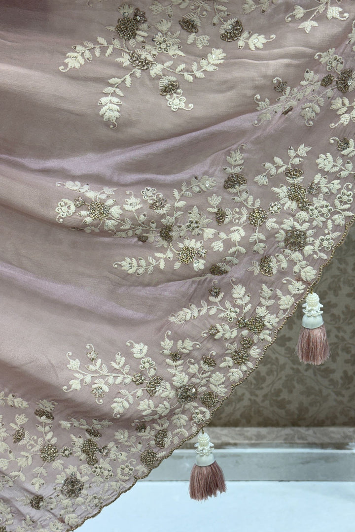 Onion Pink Embroidery, Zari and Sequins work Saree