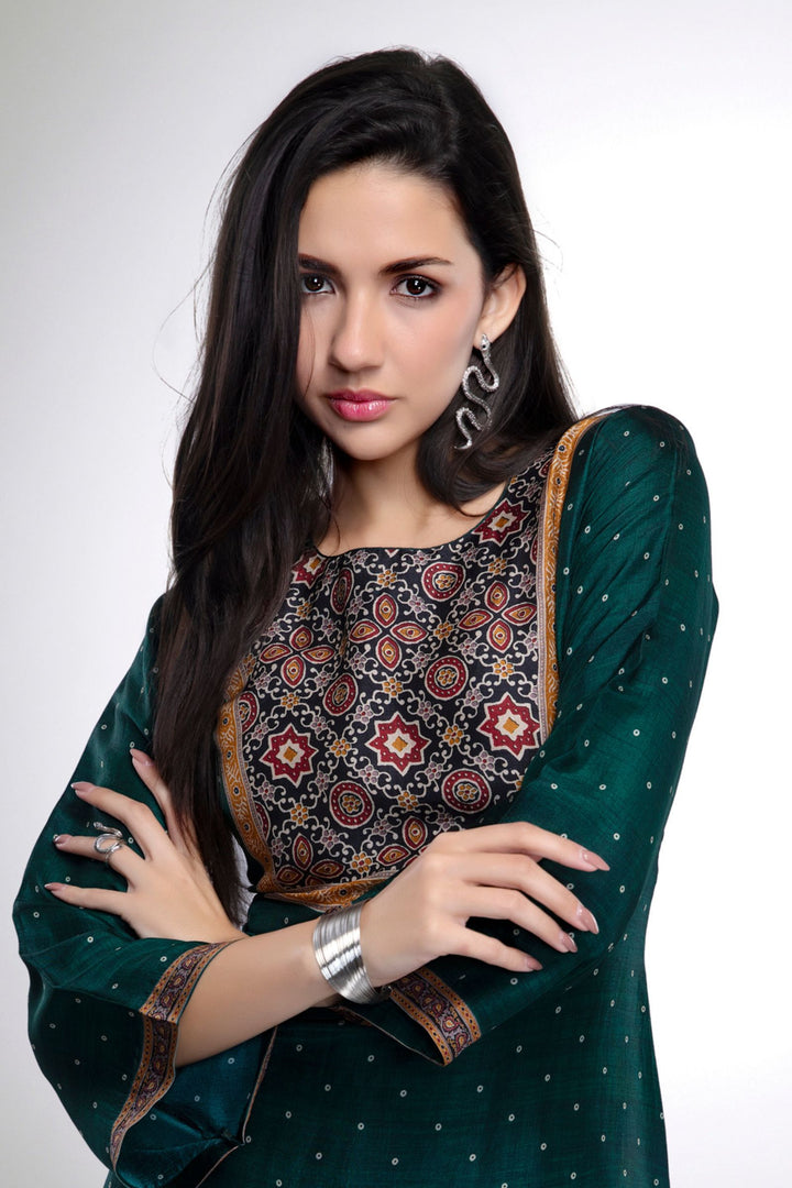 Bottle Green with Multicolor Digital Print Short Kurti