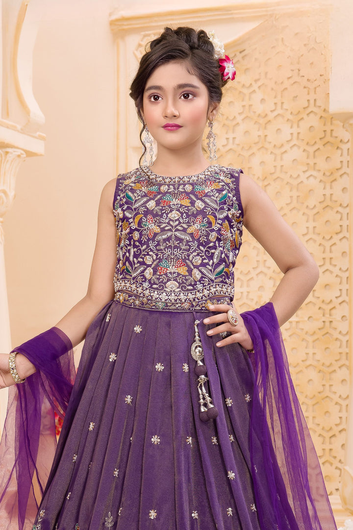 Purple Multicolor Thread, Beads, Zari and Sequins work Lehenga Choli for Girls