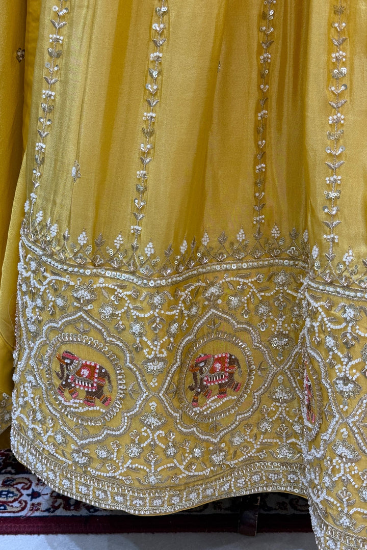 Yellow Zardozi, Beads, Thread, Sequins and Zari work Crop Top Lehenga