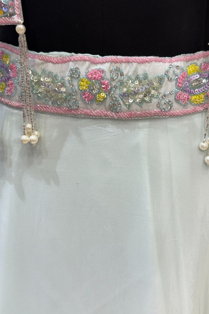 Sea Blue Beads, Sequins and Stone work with Poncho Crop Top Lehenga