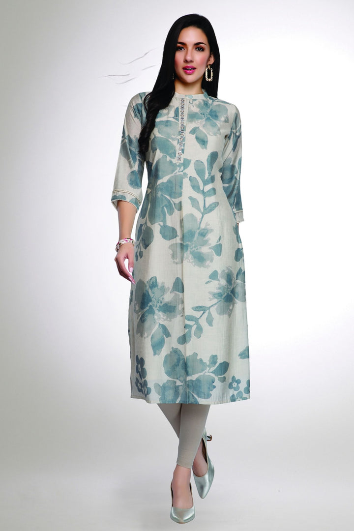 Beige with Digital Print Calf Length Kurti