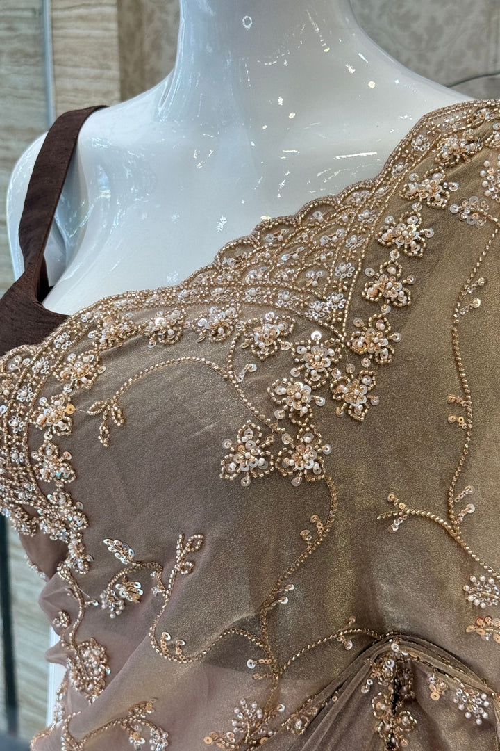 Dark Chiku Saree with Intricate Sequin &amp; Beaded Embroidery and Scalloped Border