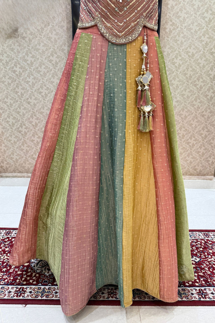 Onion Pink Beads, Stone, Sequins, Mirror and Zari work with Multicolor Lehenga Set