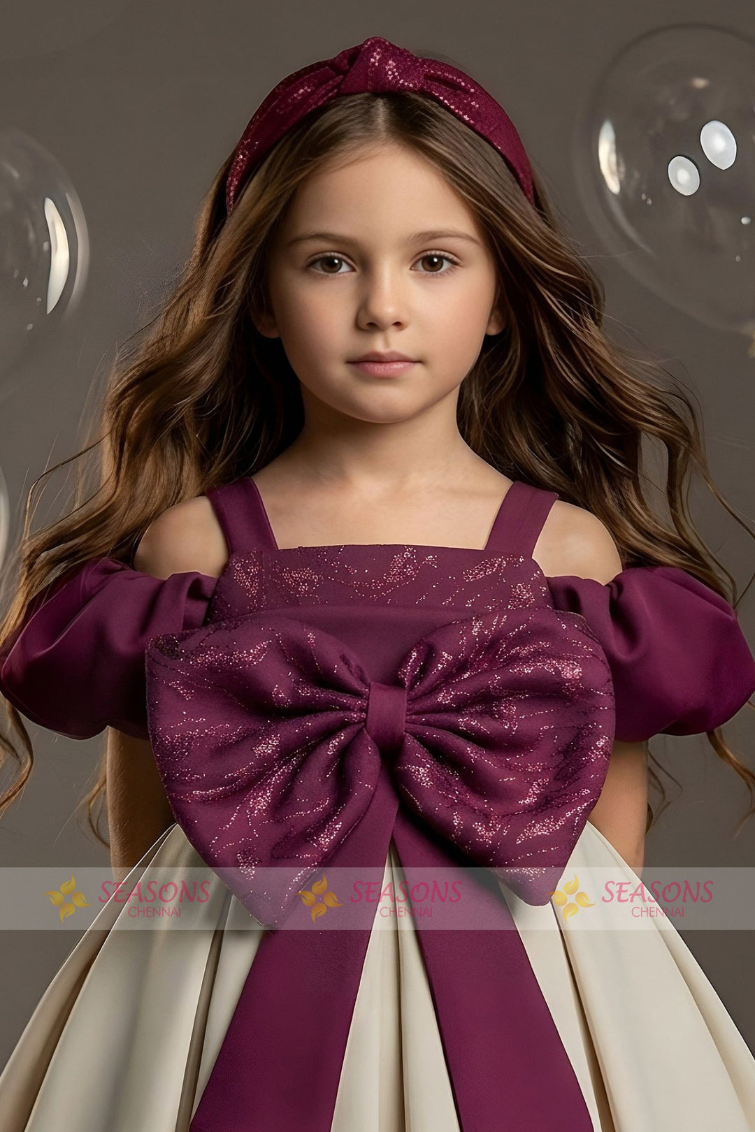 Maroon with Beige Short Partywear Frock for Girls