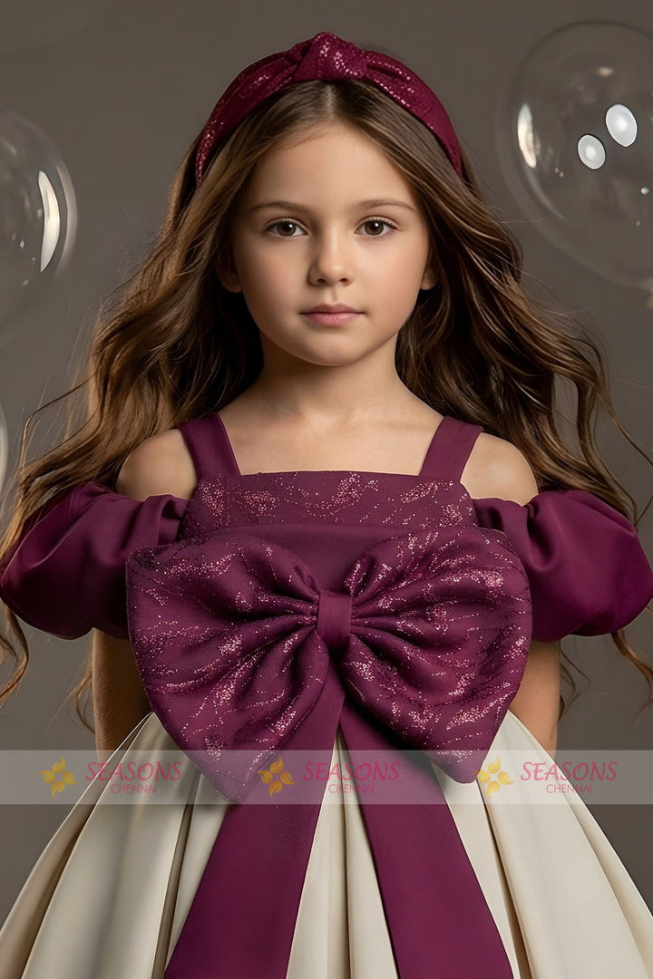 Maroon with Beige Short Partywear Frock for Girls