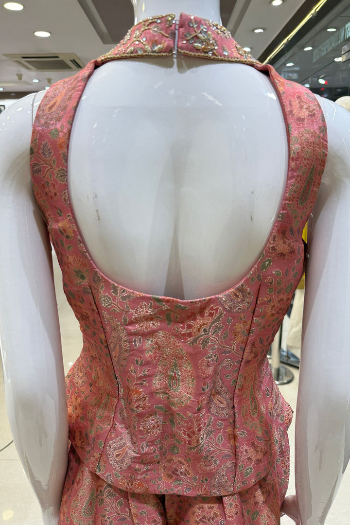 Peach Halter Neck Palazzo Salwar Suit with Multicolor Brocade and Sequins Detailing