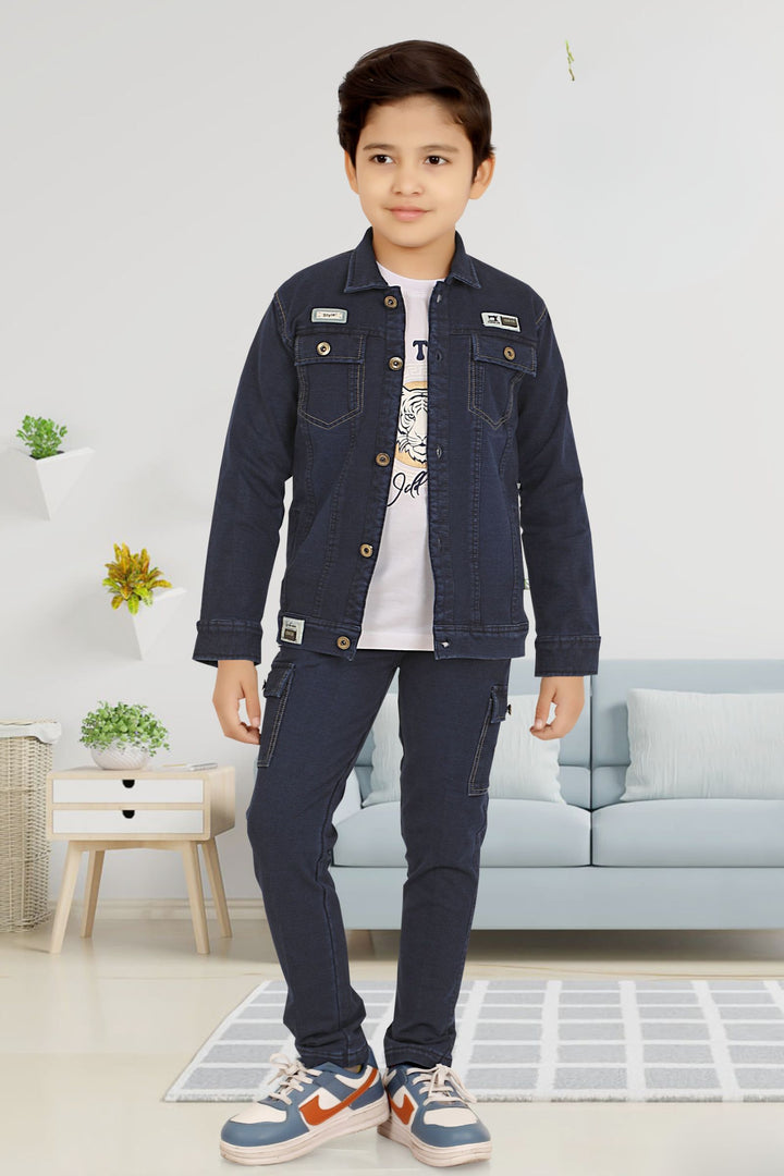 Indigo Blue with White Printed Blazer, T-Shirt and Pant Set for Boys