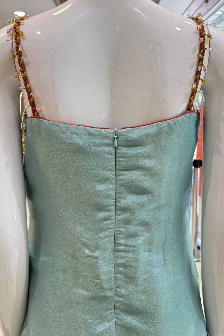 Sea Green Set Featuring All-Over Multicolour Thread and Bead Leaf Embroidery