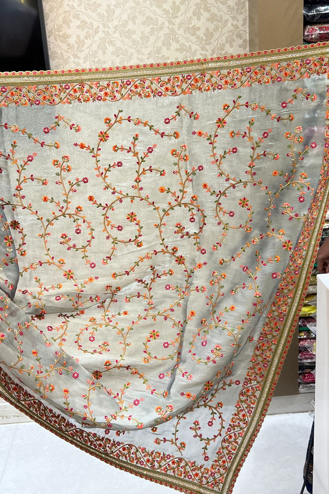 Grey Multicolor Embroidery, Sequins and Stone work Saree