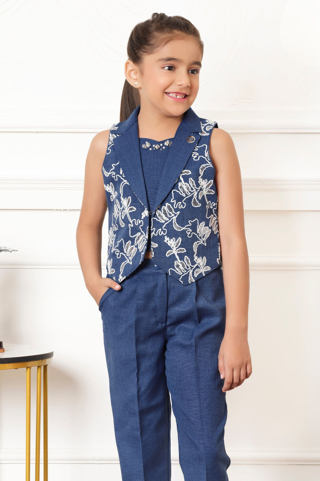 Dark Blue Thread and Sequins work Overcoat Styled Co-ord Set for Girls