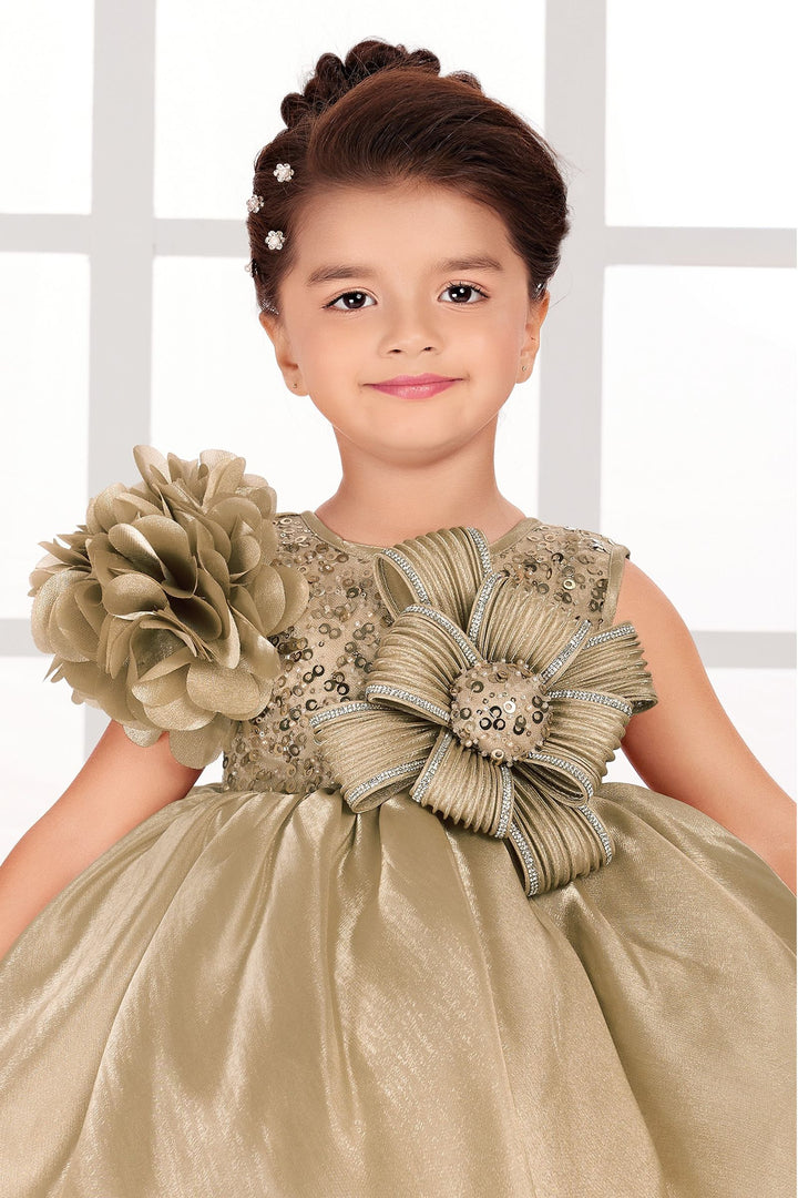 Gold Stone and Sequins work Short Partywear Frock for Girls