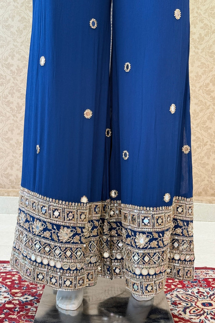 Teal Blue Mirror, Beads, Sequins and Zari work Palazzo Salwar Suit