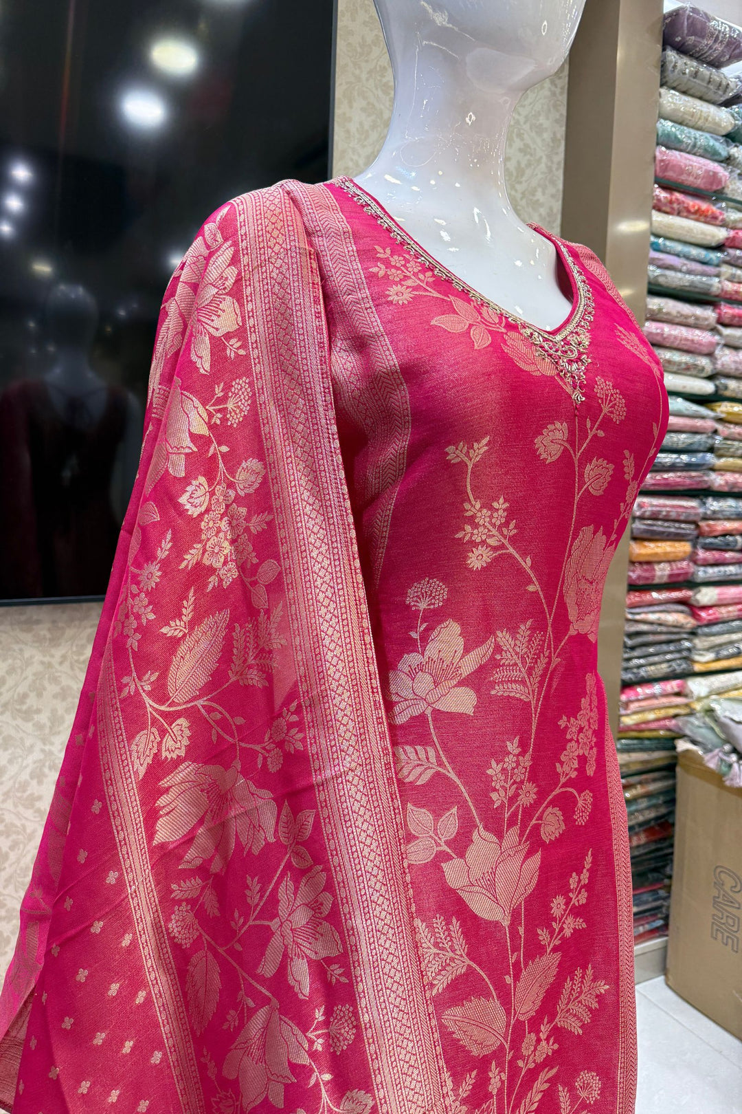 Rani Pink Brocade, Zardozi, Beads, Thread, Stone and Zari work Straight Cut Salwar Suit