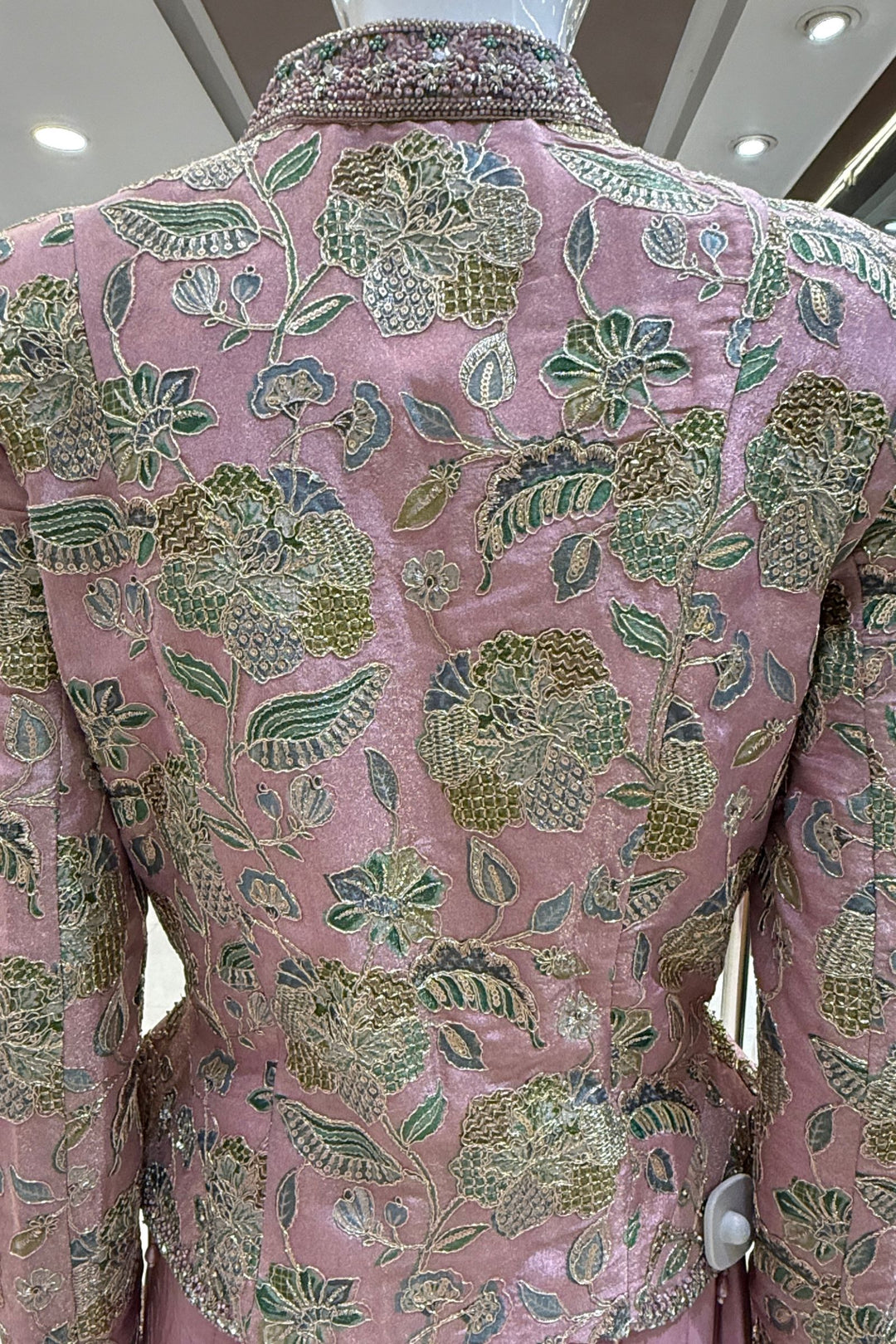 Onion Pink Beads, Zari and Sequins work with Floral Print Crop Top and Cowl Skirt