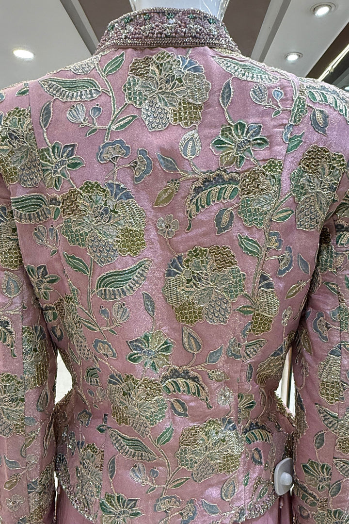 Onion Pink Beads, Zari and Sequins work with Floral Print Crop Top and Cowl Skirt