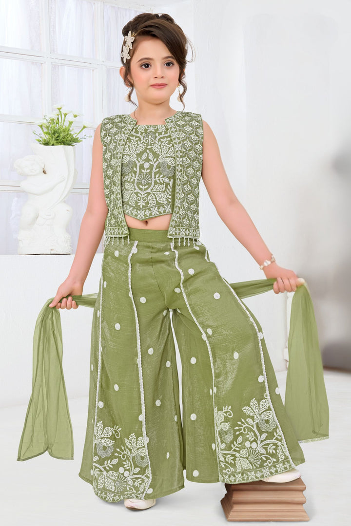 Pista Green Thread, Zari and Sequins work Jacket Styled Palazzo Set For Girls