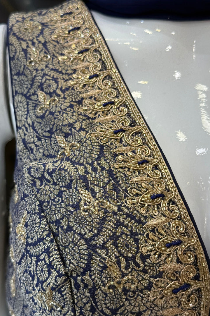 Royal Blue Brocade, Beads, Zari, Zardozi and Sequins work Crop Top Lehenga