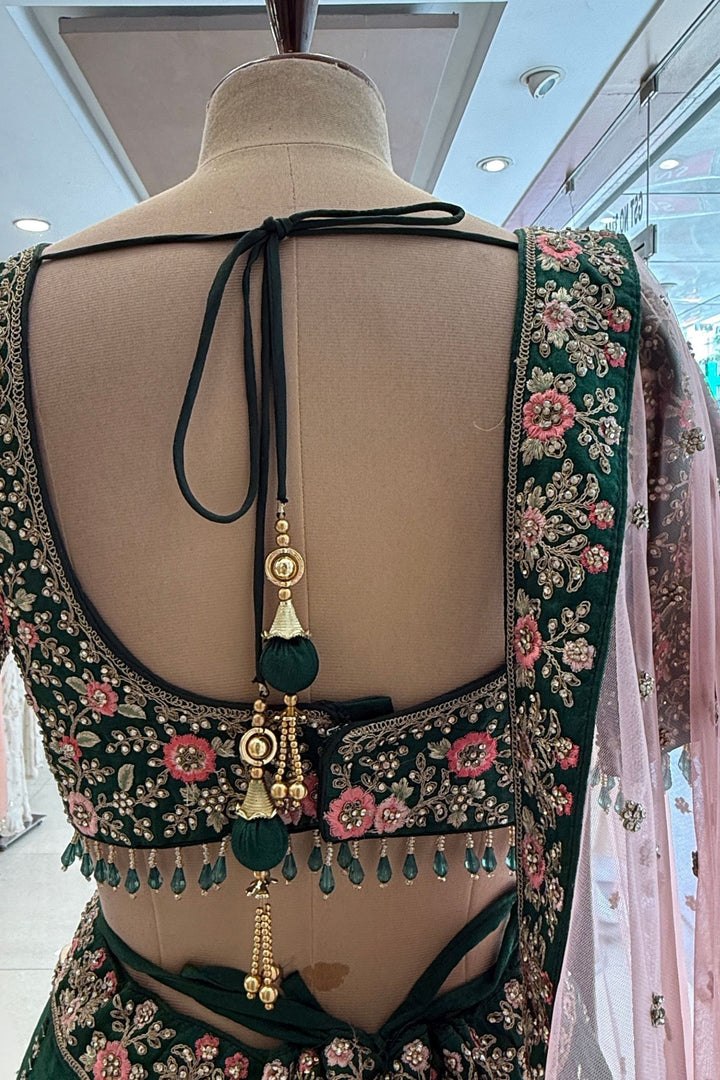 Bottle Green Bridal Lehenga with Pink Dupatta and Stone, Embroidery work