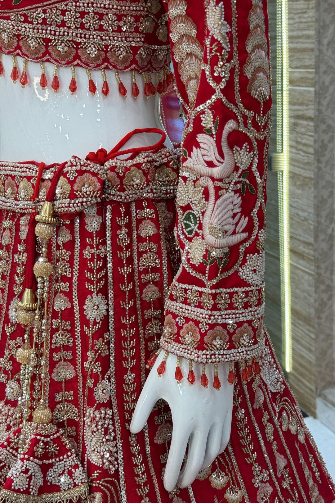 Red Beads, Embroidery, Zari, Sequins and Zardozi work Crop Top Designer Bridal Lehenga