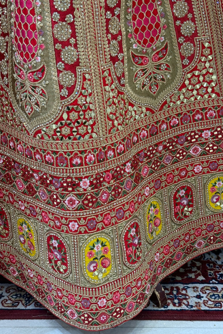 Designer Bridal Red Lehenga with Rich Multicolor Embroidery, Stone and Mirror Work