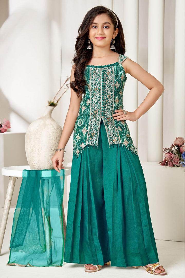 Rama Green Zari, Mirror and Sequins work with Digital Print Palazzo Suit Set for Girls