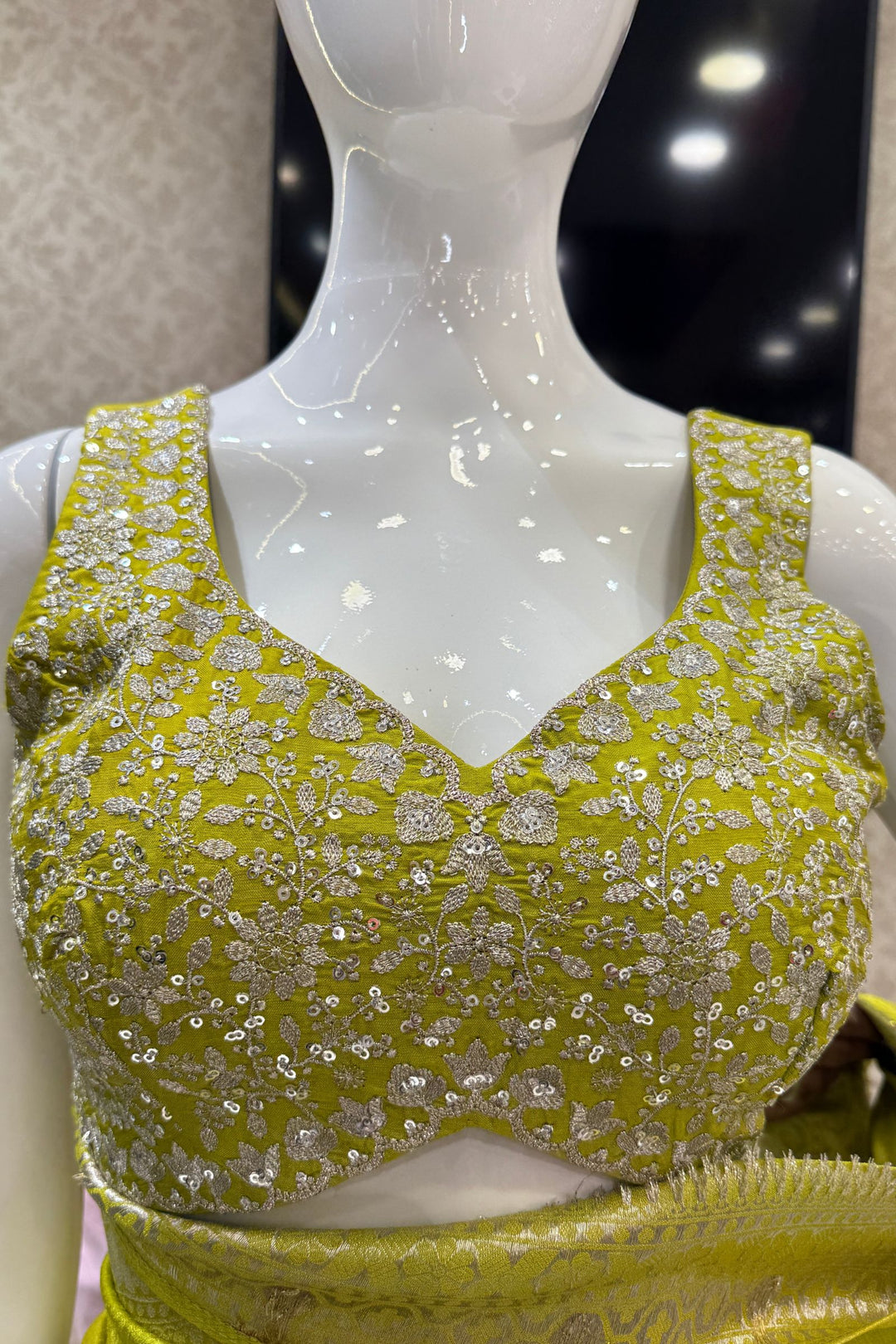 Green Banaras Zari work Saree with Zari and Sequins work Readymade Blouse