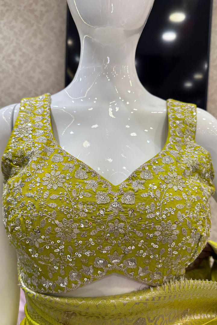 Green Banaras Zari work Saree with Zari and Sequins work Readymade Blouse