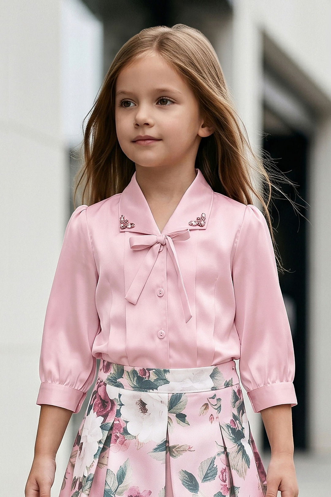Pink Floral Print Top and Divider Skirt for Girls