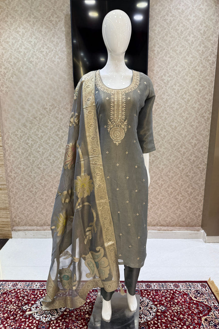 Grey Sequins, Zari and Banaras work Straight Cut Salwar Suit