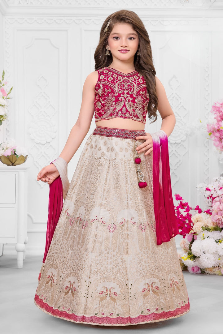 Rani Pink with Cream Beads, Zari and Sequins work Lehenga Choli for Girls