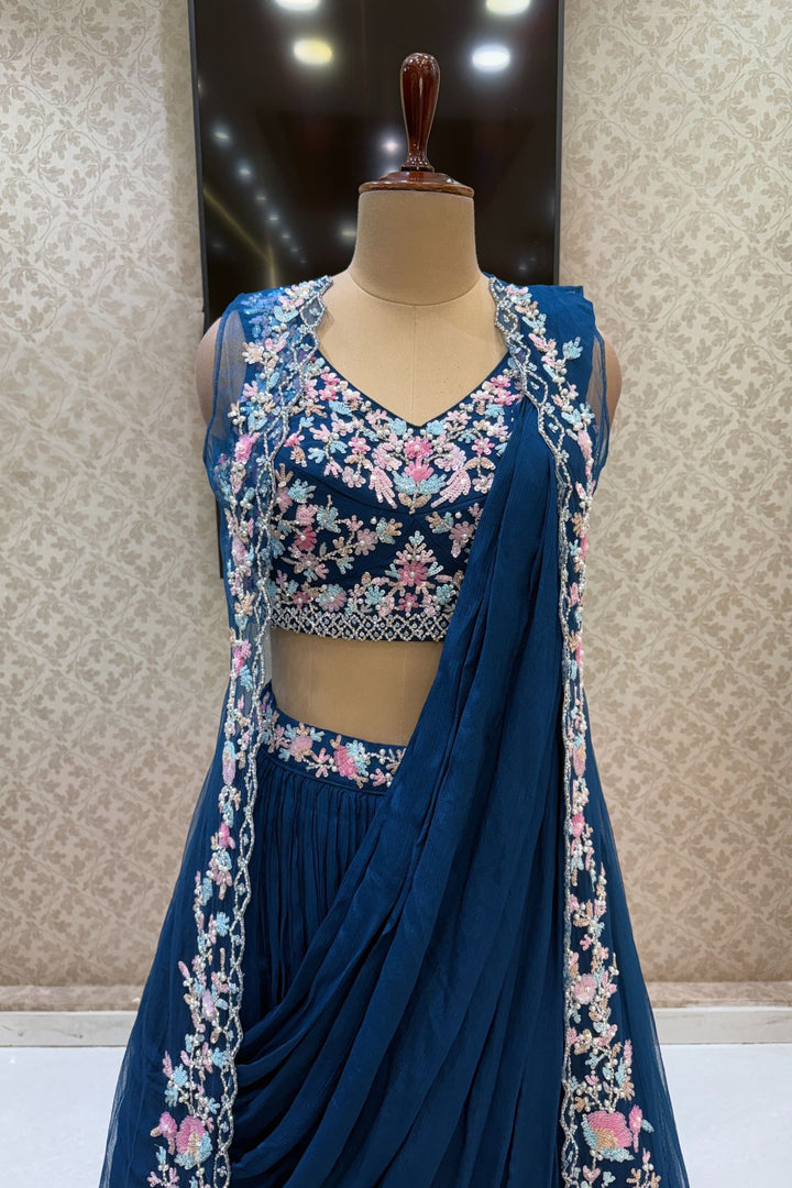 Teal Blue Sequins, Stone and Pearl work Indo-Western Styled Crop Top Lehenga  with Overcoat