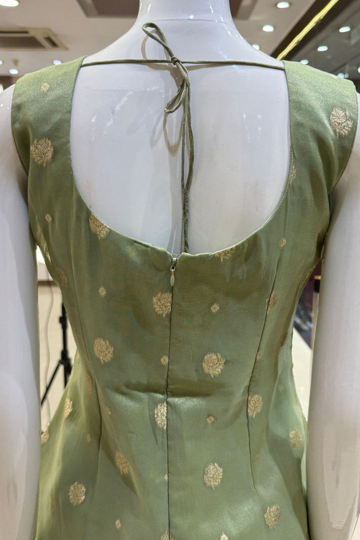 Pista Green Beads, Banaras, Sequins, Stone, and Thread work Salwar with Palazzo Pant