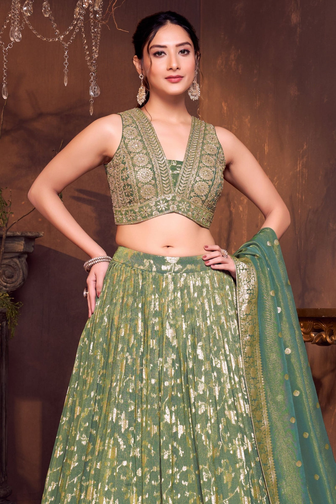 Sea Green Sequins, Zari and Stone work Crop Top Lehenga