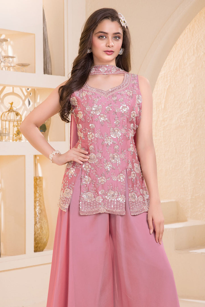 Pink Beads and Sequins work Palazzo Suit Set for Girls